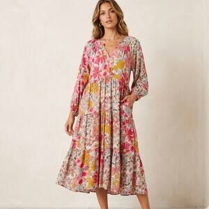 Umgee Boho Floral Tiered Midi Dress Large L Pink Yellow V-Neck Balloon Sleeve
